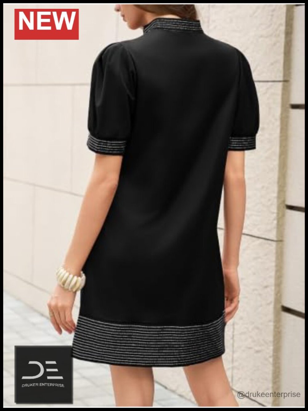 Womens Summer V Neck Puff Short Sleeve Boho Mini Shift Dress with Pockets - Picture 4 of 6